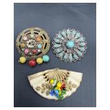 Vintage Czech Glass Faux Turquoise Filigree Brooch