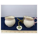 Belleek Shamrock Basketweave Creamer, Sugar & Orna
