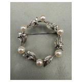 Sterling Silver Akoya Pearl Wreath Brooch 5.64g