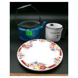 Enamel Teapot, Mama Bear Mug & Floral Plate Lot