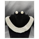 Vintage White Seed Bead Collar Necklace Earring Se