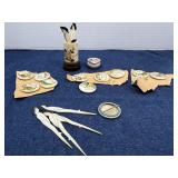 Assorted Religious Ribbon Pins & Carved Geisha Hai