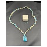 Vintage Egyptian Revival Faience Scarab Necklace L
