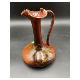 Vintage Brown Glazed Art Pottery Ewer Vase w/ Flor