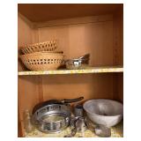 Assorted Metal Cookware, Woven Basket & Cabinet Lo