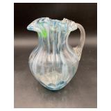 Vintage Hand Blown Blue Swirl Ruffled Glass Pitche