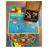 Vintage Map Puzzles & Marbled Chess Set with Box