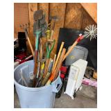 Assorted Long Handled Yard & Garden Tools in Can
