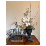 Faux Orchid Floral Arrangement & Wire Basket Lot