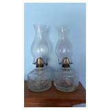 Pair P&A Glass Oil Lamps with Chimneys