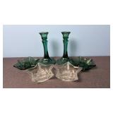 Emerald & Clear Glass Candle Holders (6)