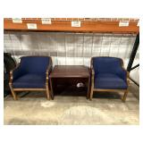 2 Blue Armchairs & Wood Side Table