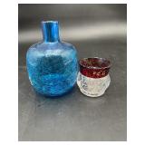 Blue Crackle Glass Bottle & Ruby Flash Cup
