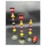 Hand-Painted Wood Candlesticks, Set of 3