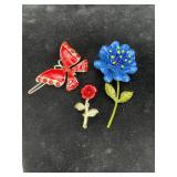 Lucite Flower & Enamel Butterfly Brooches