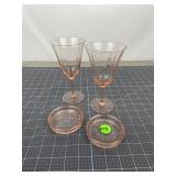 Pink Optic Wine Goblets & Glass Coasters