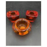 3 Amber & Red Art Glass Candle Holders