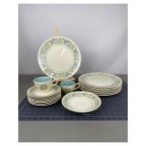 19 Pc Turquoise Floral Mid-Century Dinnerware