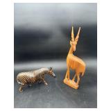 Carved Wood Antelope & Zebra Figurines, 2