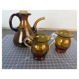 Spanish Amber Glass Cruet, Creamer & Sugar
