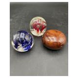 Art Glass & Wood Paperweights, Set of 3