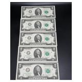 5 2017-A UNC $2.00 Bills In Numeric Order