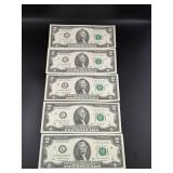 5 2017-A UNC $2.00 Bills In Numeric Order