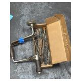 Box of misc drill bits and one hand drilll