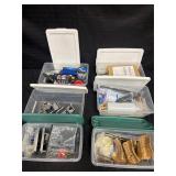 Six small totes of random tools and supplies