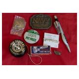 Buttons/Pins #9 lot of 8 Pins Belt Buckles/Advert