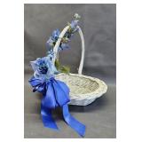 White Basket w/ Blue Bow & Faux Flowers