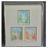 Framed Triptych Watercolor Church Towers