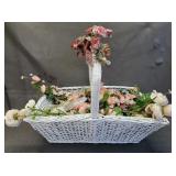 Large White Basket w/ Faux Flowers