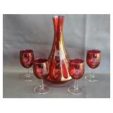 Cranberry Etched Glass Wine Decanter & Glasses