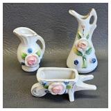 Vintage Miniature Floral Vase, Pitcher,Wheelbarrow