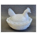Vintage Miniature Milk Glass Hen on a Nest