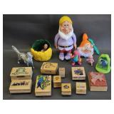 Assorted toys and rubber stamps
