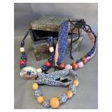 Handcrafted Beaded Necklaces & Trinket Box-as is