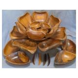 vintage Monkey Pod wood lotus flower serving set