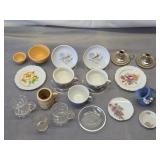 Mismatched miniature dishes, vase, candlestick