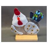handmade whimsical fused glass chicken sculpture