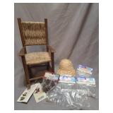 Doll rocking chair, straw hat, eye glasses, etc