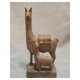 vintage hand-carved wooden llama and baby figurine