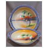 Japanese Swan Lake porcelain handled serving bowls