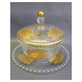 ESCO 22 karat coin gold lidded crystal dish