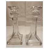 Vintage Clear Etched Glass Candlestick Holders