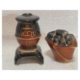 Vtg Pot Belly Stove & Coal Bucket Salt and Pepper