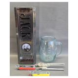 Jack Daniel's tin, beer mug & bar tools