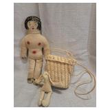 cloth rag doll,small stuffed rabbit, straw basket
