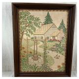Vintage Framed Embroidery Country Home Scene
